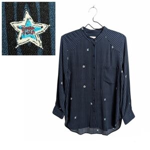 Bimba Y Lola Blue Black Stripes And Stars Henley Button Down Shirt Long Sleeve S